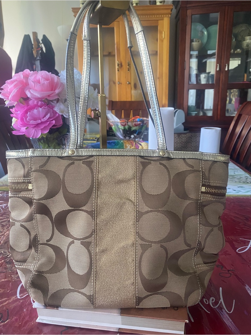 Coach Brown Signature Y2K Tote with Metallic Gold Trim